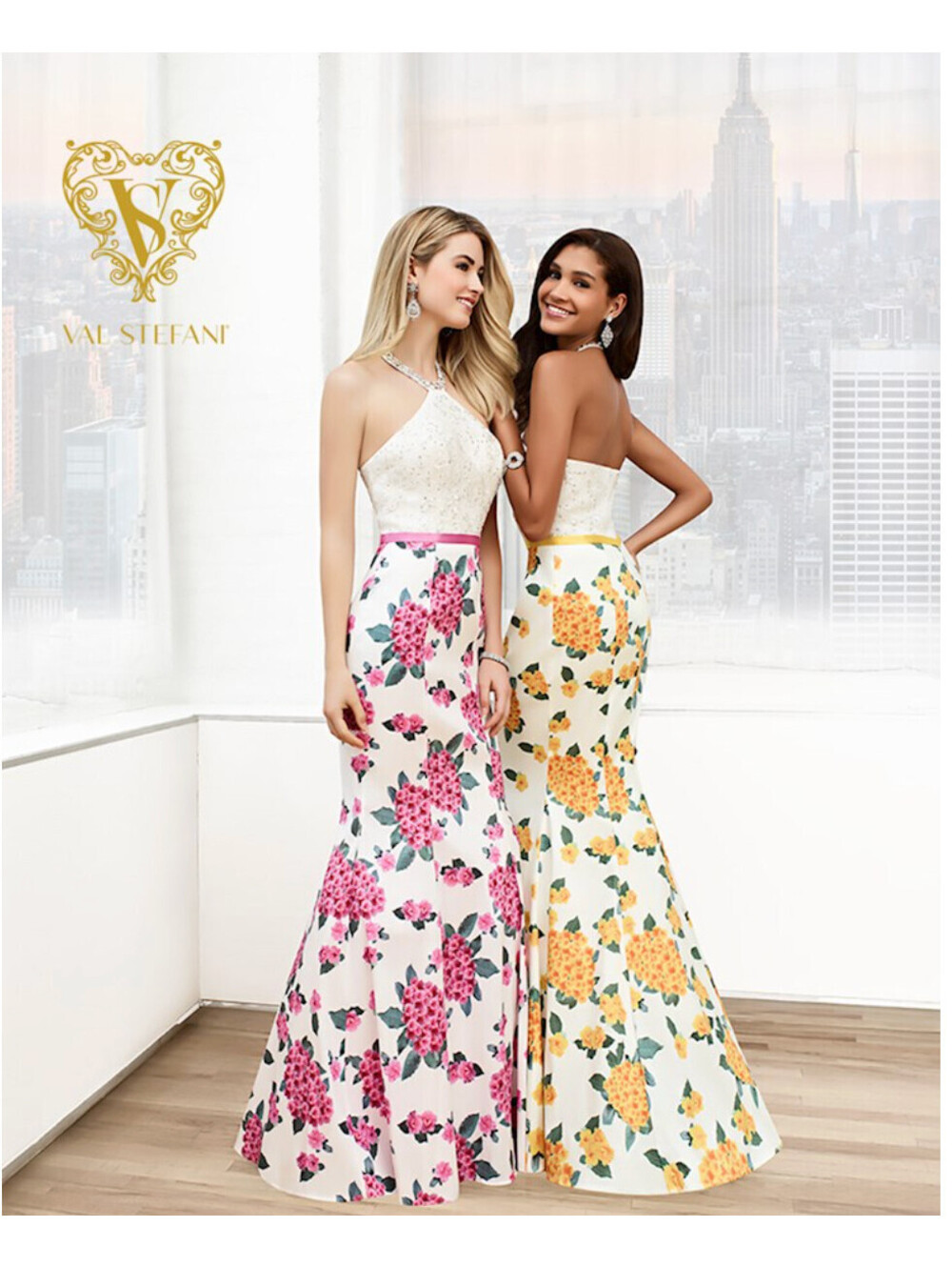 Val Stefani Ball Gown Prom Dress #3029RG Halter Neck Print Organza Embellished
